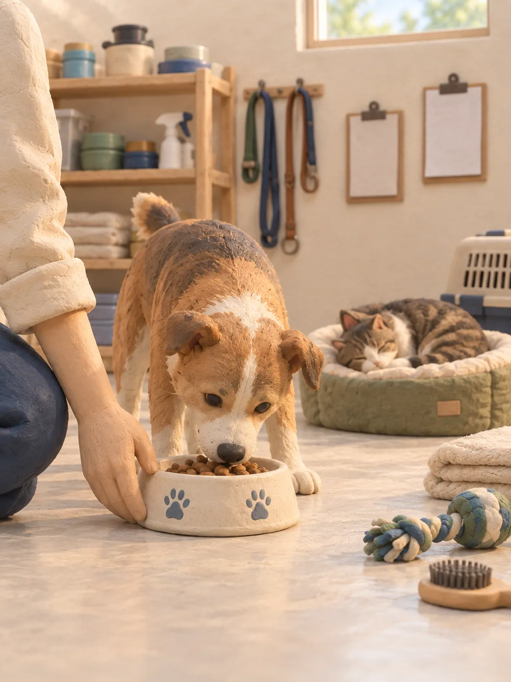 保護活動の現場で食事をする雑種犬と、ベッドで休む保護猫