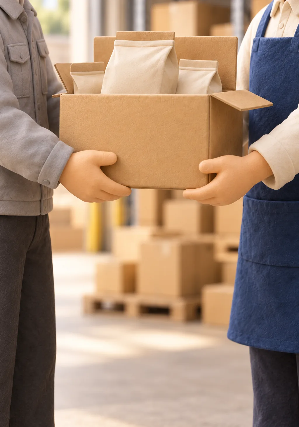 倉庫の荷受け場で、ペットフードの入った段ボール箱を手渡す作業着の手と、受け取る藍色のエプロンの手