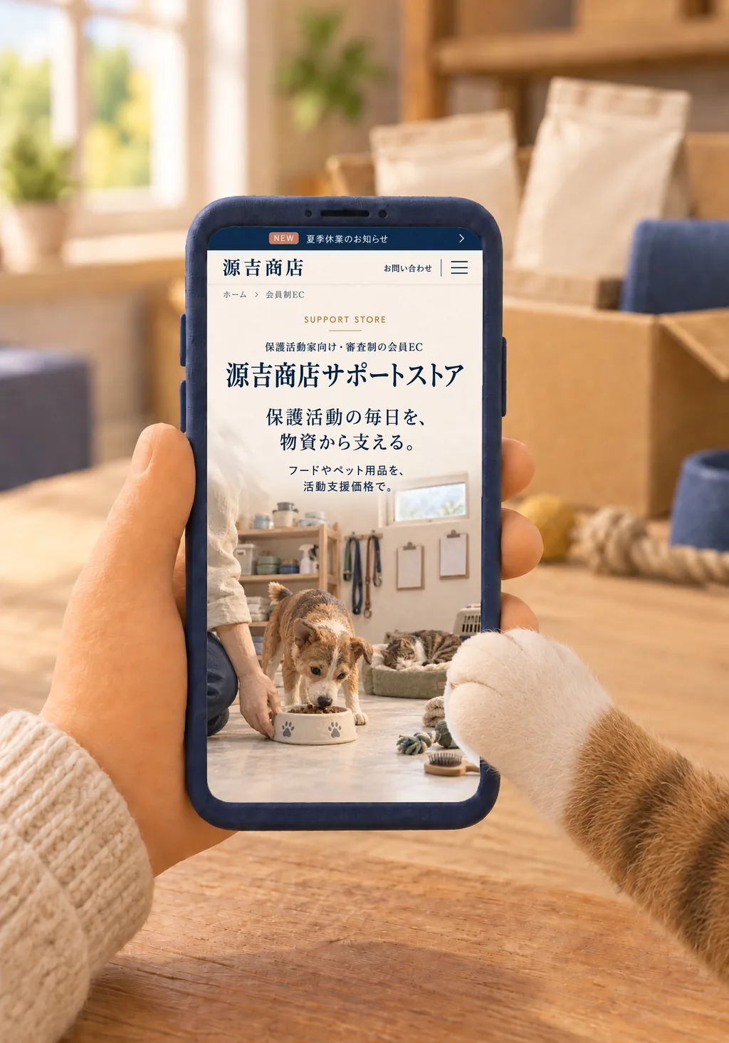 手に持ったスマートフォンに映る会員制ECの画面と、画面に前足をかける猫