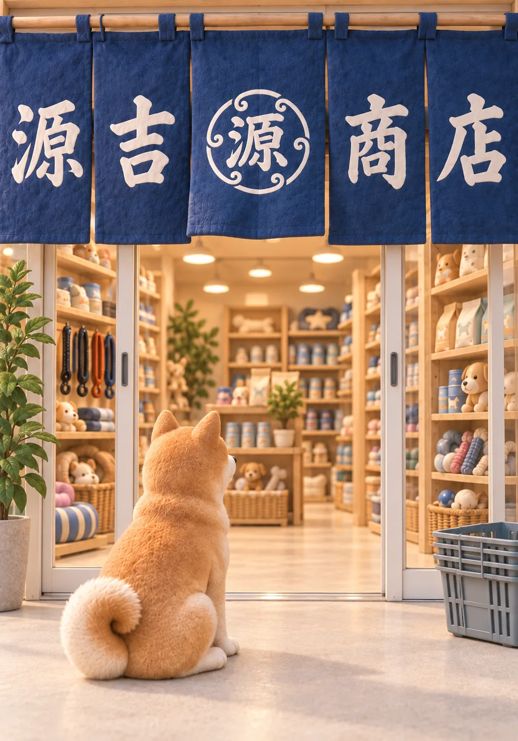 「源吉商店」の藍ののれんが下がる店先で、店内の棚を見つめてお座りする柴犬