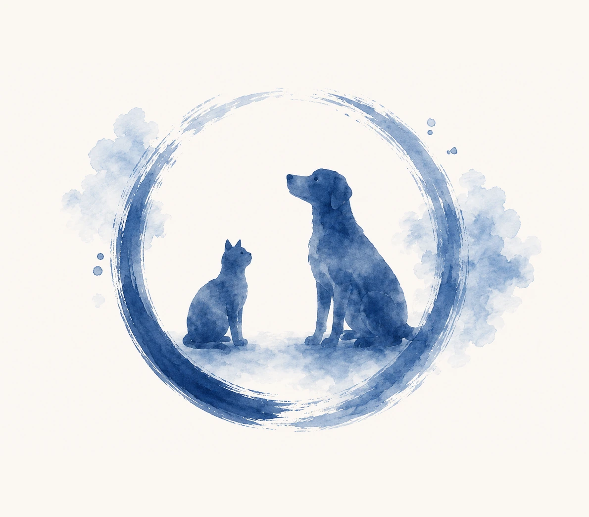 藍墨で描かれた不完全な円環に包まれて、寄り添って座る犬と猫